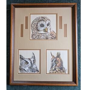 Vintage 1970s Framed Three Owl Original Painting Woodland Wall Decor
